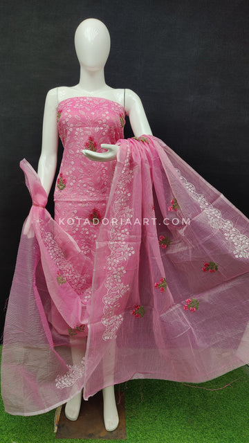 Pink Kota Doria Cotton Embroidery Work Dress Material -