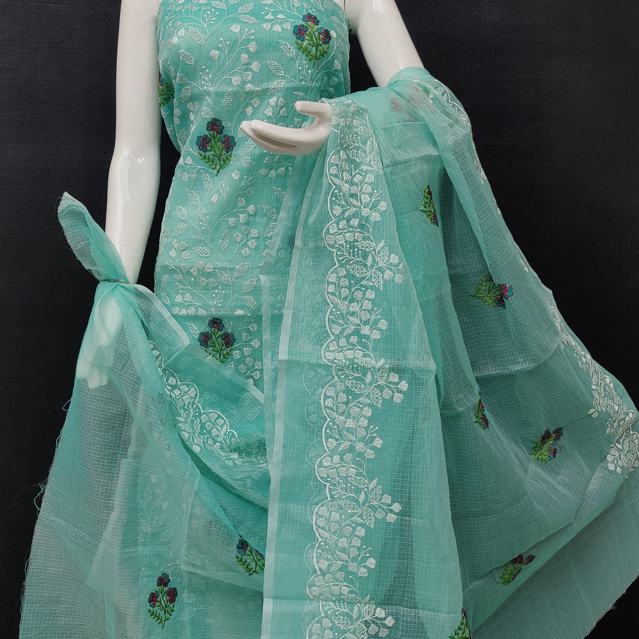 Sea-green Kota Doria Cotton Embroidery Work Dress Material