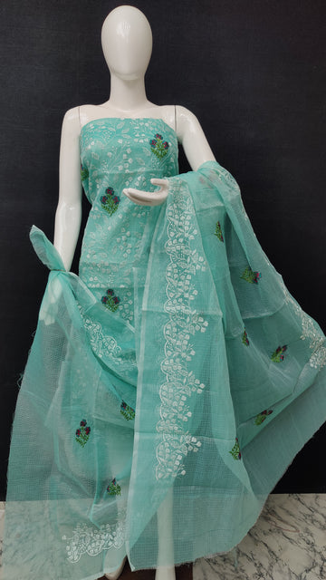 Sea-green Kota Doria Cotton Embroidery Work Dress Material