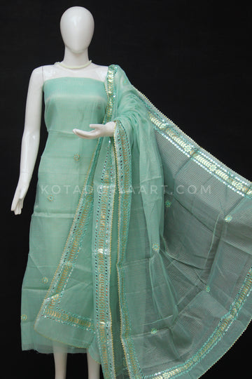 Sea Green Kota Doria Cotton Gota-Patti Work Dress Material with Bottom