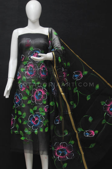 Black Kota Doria Cotton Hand Pented Dress Material With Bottom.