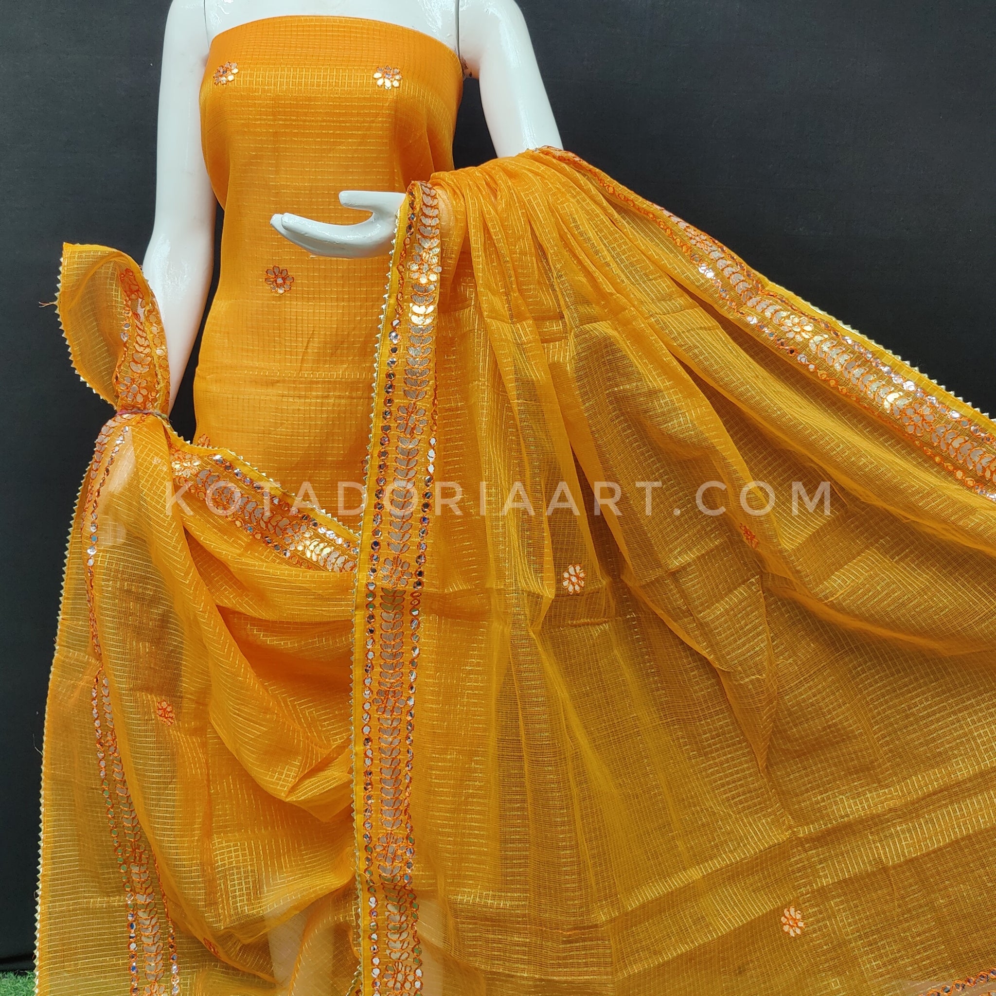 Orange Kota Doria Cotton Gota-Patti Work Dress Material with Bottom