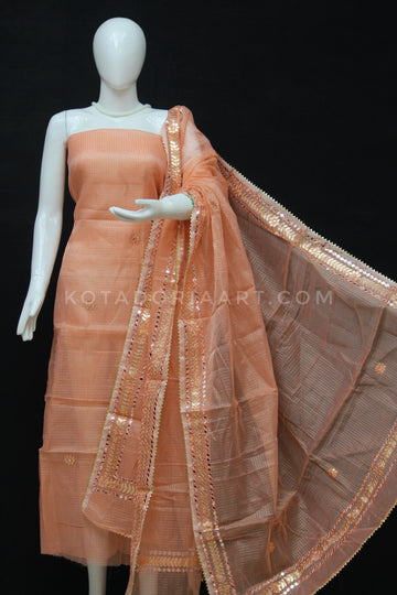 Peach Kota Doria Cotton Gota-Patti Work Dress Material with Bottom