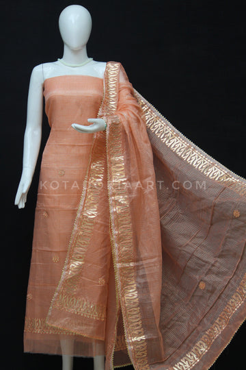 Peach Kota Doria Cotton Gota-Patti Work Dress Material with Bottom