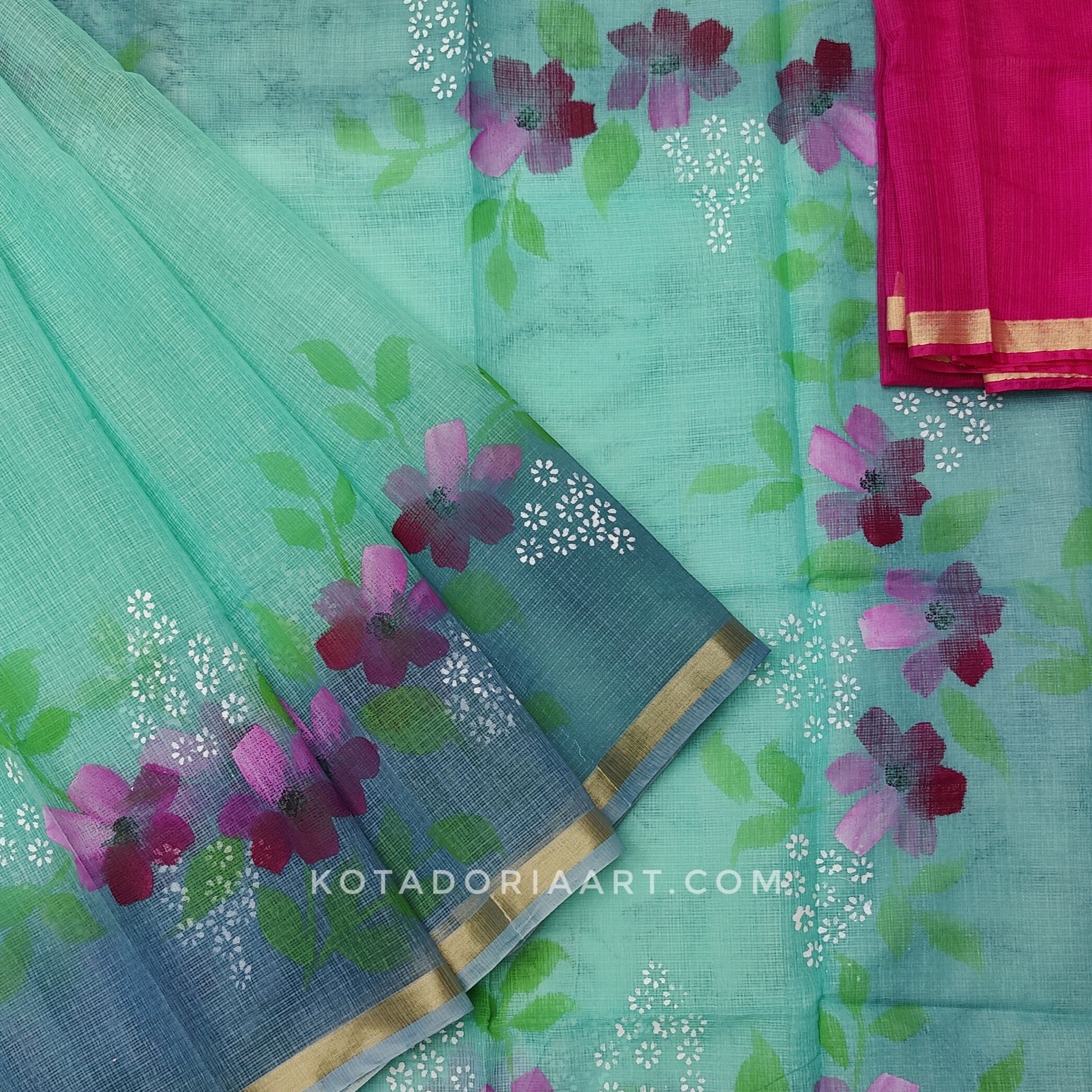 Sea Green Cotton Kota Doria Hand Painted Saree With Contrast Blouse