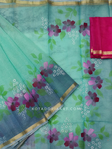Sea Green Cotton Kota Doria Hand Painted Saree With Contrast Blouse
