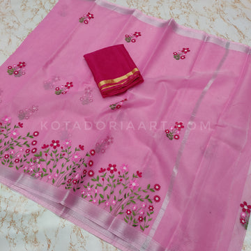 Pink Cotton Kota Doria Embroidery Work Saree With Contrast Blouse Piece