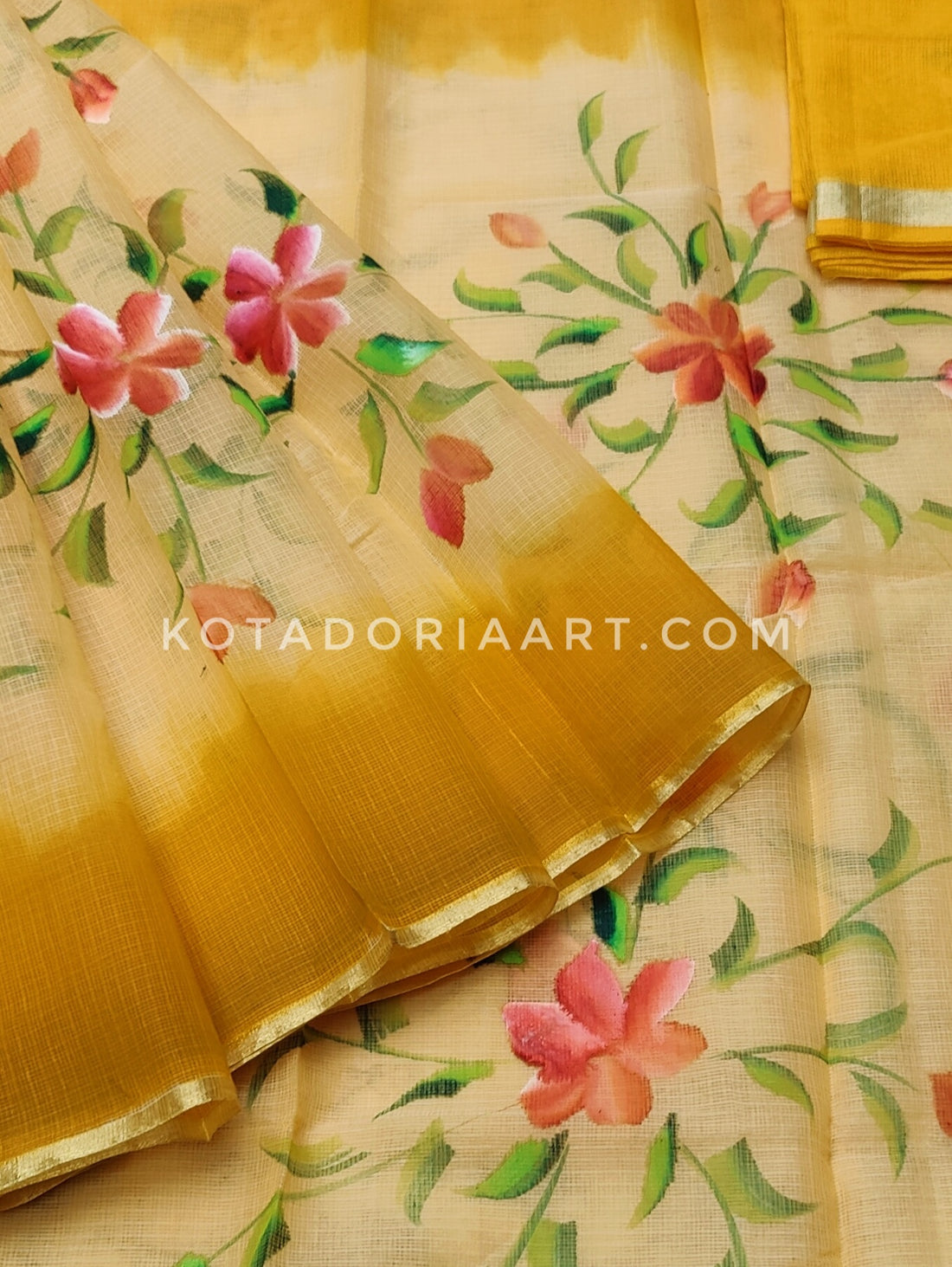 Badge Cotton Kota Doria Hand Painted Saree With Contrast Blouse
