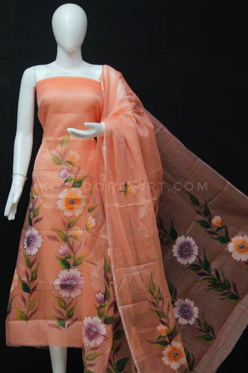 Orange Kota Doria Cotton Hand Pented Dress Material With Bottom.