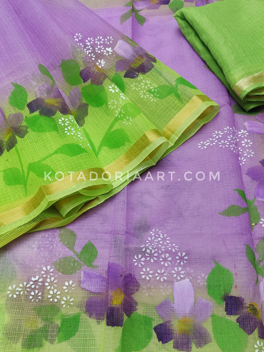Purple Cotton Kota Doria Hand Painted Saree With Contrast Blouse