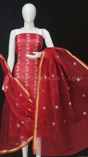 Red Kota Doria Cotton Embroidery Work Dress Material