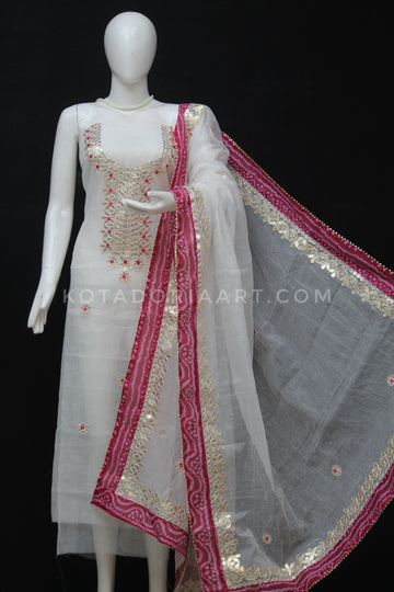 White Bandhej Border Kota Doria Cotton Gota-Patti Work Dress Material