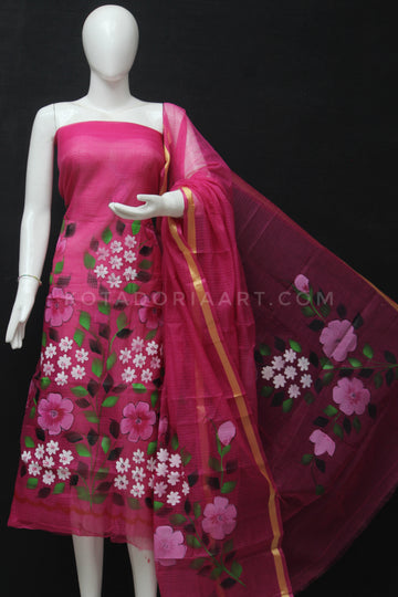 Raani Kota Doria Cotton Hand Pented Dress Material With Bottom.