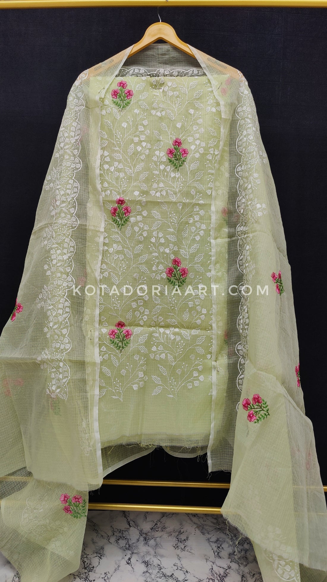 Pista-green Kota Doria Cotton Embroidery Work Dress Material